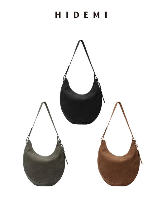 HIDEMI 【辛芷蕾同款】进口磨砂荔枝牛皮经典半月形可调节肩带式马蹄包 做旧黑/雾霾灰/卡其色 商品图11