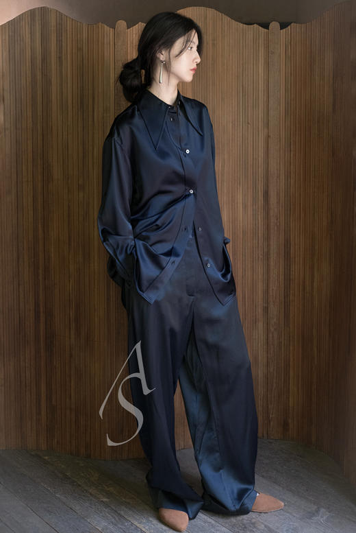 Studio Nicholson  墨蓝色MYERS丝羊毛阔腿裤 商品图0