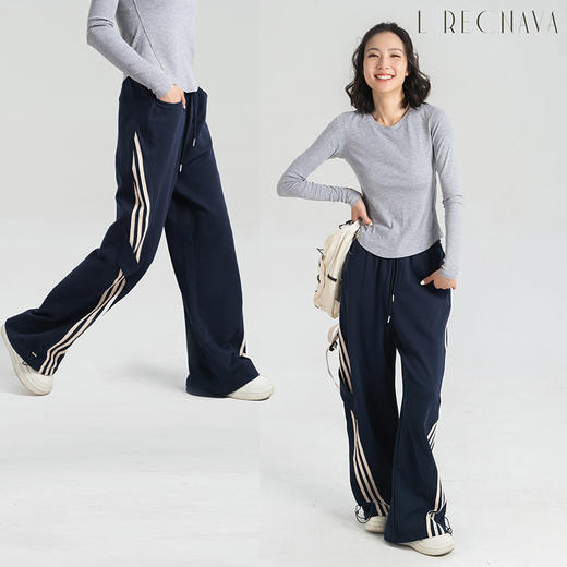 [100%棉] 美式复古伞兵裤 阔腿+束脚两穿 侧边条纹撞色 宽松直筒运动休闲裤 商品图0