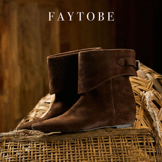 FAYTOBE 麂皮裤管短靴24年秋尖头复古美拉德羊反绒坡跟短筒及踝靴 商品图4