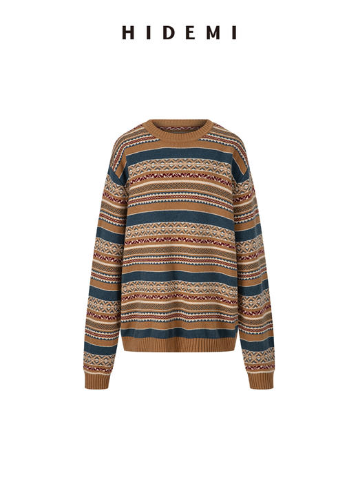 HIDEMI 【赵丽颖同款】进口澳洲美利奴羊毛手绘花型设计感极简圆领廓形落肩款长袖针织毛织毛衣 卡其色/蓝灰色/灰紫色 商品图11