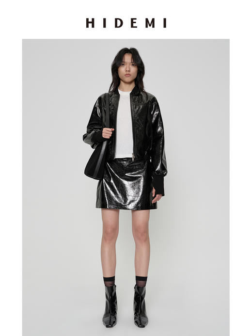 HIDEMI 进口激光涂层裂纹感羊皮极简棒球领拼接拉链短款外套皮衣大衣套装 外套/半裙 商品图0