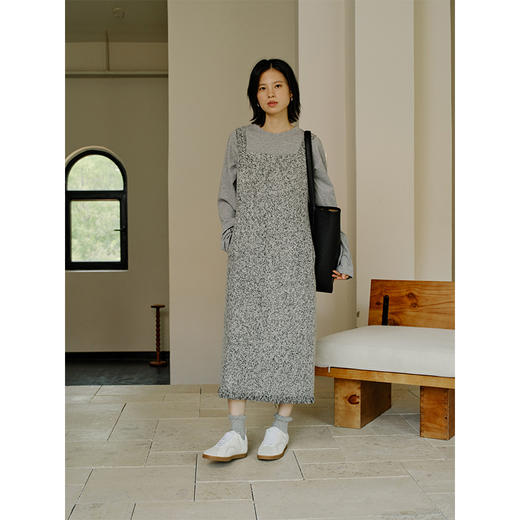 HeyDress法式流苏连衣裙女秋季收腰显瘦设计感直筒毛呢背带裙子 商品图0