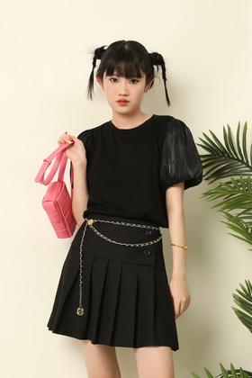 L.Fleuri 黑色俏丽泡泡袖上衣百褶裙套装 16751