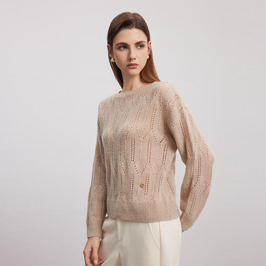 【圆领镂空针织衫】羊绒世家秋冬新品女士山羊绒+桑蚕丝混纺百搭毛衣 商品图3