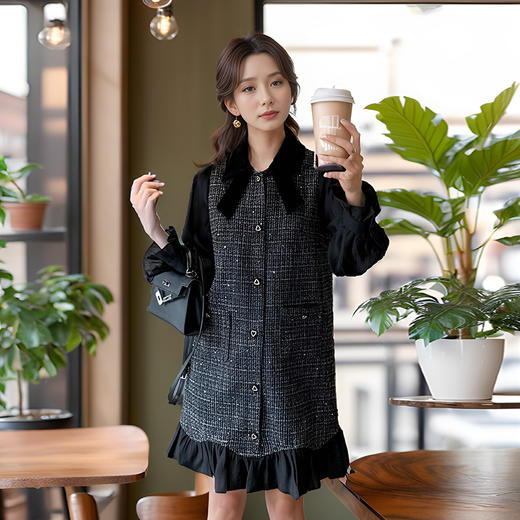 9/4奢姿2024年秋冬新款大码女装小香风翻领裙子胖妹妹法式拼接连衣裙9943855303 商品图3