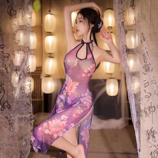 霏慕 忆江南繁莲紫襟透身旗袍6461 成人女士情趣内衣汉服性感衣服房事cos情趣紧身免脱性感睡衣女床上诱惑古风情趣内衣女级污度诱惑 商品图10