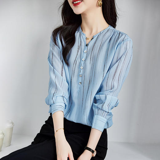 TC 720001开衫真丝V领衬衫气质条纹桑蚕丝小衫 商品图2