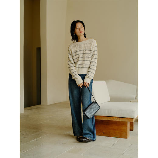 Heydress金属扣条纹针织衫女秋季一字领肌理感复古慵懒宽松上衣 商品图1