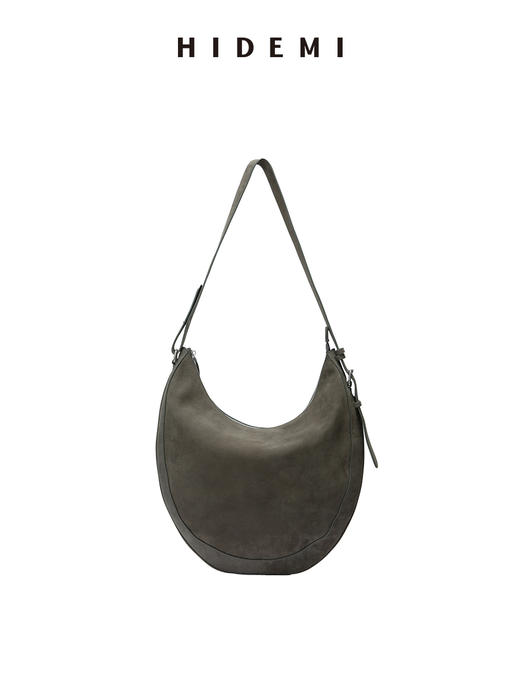HIDEMI 【辛芷蕾同款】进口磨砂荔枝牛皮经典半月形可调节肩带式马蹄包 做旧黑/雾霾灰/卡其色 商品图13