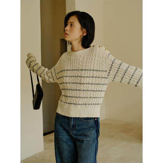 Heydress金属扣条纹针织衫女秋季一字领肌理感复古慵懒宽松上衣 商品图3