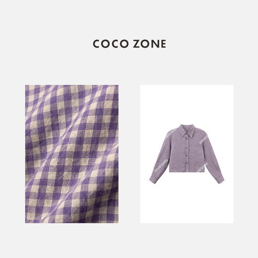 COCO ZONE"薰衣草"100亚麻时尚POLO领格子衬衫女复古上衣 CC1A0623 商品图4