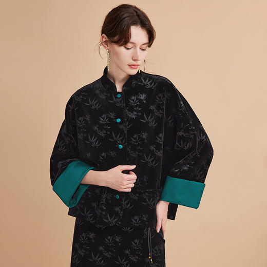 EITIE爱特爱秋季新款时尚复古新中式暗纹撞色拼接外套C2403410 商品图3