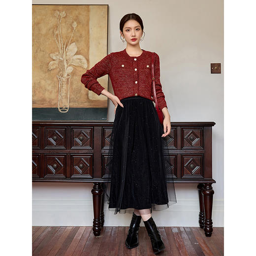 【1件75折】熙世界法式红色针织开衫女小香风2025秋冬新款羊毛混纺毛衣短外套 商品图3