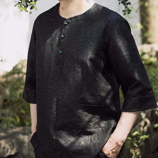 荷言   青如染 新中式黑色短袖非遗香云纱真丝桑蚕丝男装旗袍 商品图0