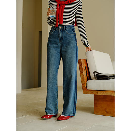 Heydress复古撞色牛仔裤女秋季高腰显瘦阔腿裤百搭通勤直筒裤子 商品图0