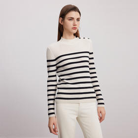 【半高领坑条纹羊绒衫】羊绒世家秋冬新品女士100%山羊绒条纹撞色修身显瘦毛衣