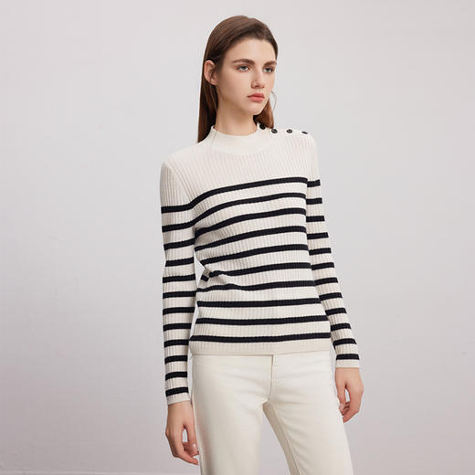 【半高领坑条纹羊绒衫】羊绒世家秋冬新品女士100%山羊绒条纹撞色修身显瘦毛衣 商品图0