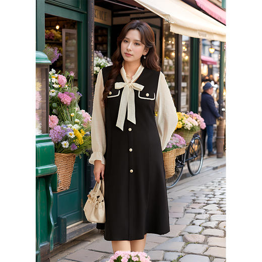 9/4奢姿大码女装2024秋季蝴蝶结绑带V领连衣裙胖妹妹假两件时尚裙子9943891238 商品图3