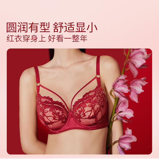 奶糖派大胸显小文胸花盛系列超薄单层蕾丝性感显瘦防凸点红品内衣 商品图2