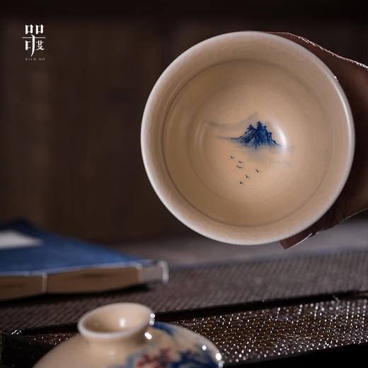 问鼎器度汝窑鹅黄青花博雅盖碗（江山如画）（牡丹松鹤）（缺货） 商品图2