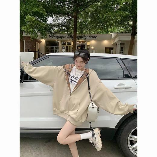 【格子拼接长袖连帽外套】慵懒风拉链加绒外套女 大码早秋宽松显瘦开衫上衣 商品图3