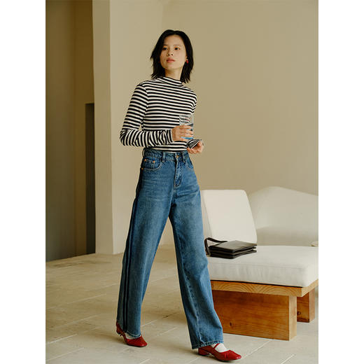 Heydress复古撞色牛仔裤女秋季高腰显瘦阔腿裤百搭通勤直筒裤子 商品图2