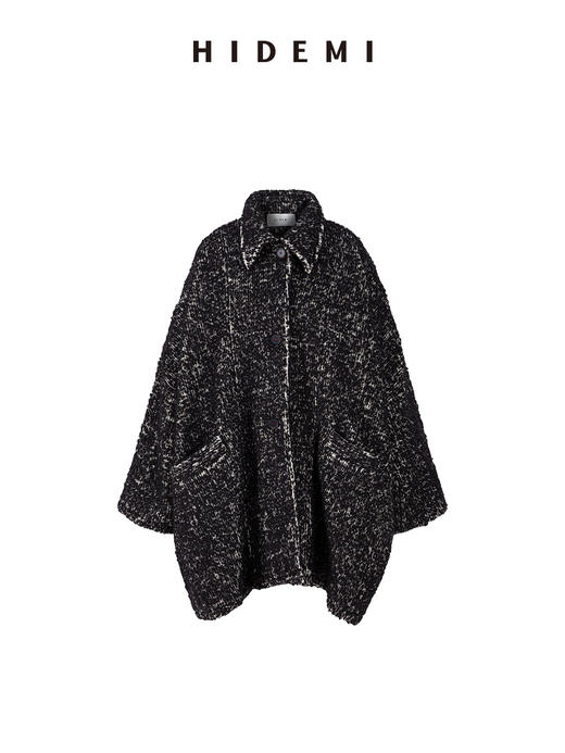 HIDEMI 【孟子义同款】极简大廓形伞状澳毛粗花呢花纱全羊毛翻领落肩厚款纽扣大衣 芝麻黑灰/奶油灰 商品图12