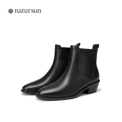 natursun牛皮时装靴秋冬季复古粗跟西部靴圆头舒适短筒靴女鞋N24529301 商品图4