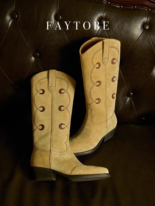 faytobe“月升“彝绣西部靴秋冬新款及膝靴牛皮民族图腾高筒靴 商品图3