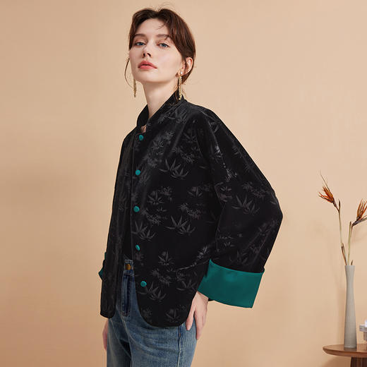 EITIE爱特爱秋季新款时尚复古新中式暗纹撞色拼接外套C2403410 商品图4