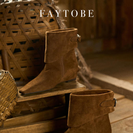 FAYTOBE 麂皮裤管短靴24年秋尖头复古美拉德羊反绒坡跟短筒及踝靴 商品图1