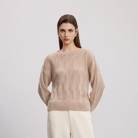 【圆领镂空针织衫】羊绒世家秋冬新品女士山羊绒+桑蚕丝混纺百搭毛衣