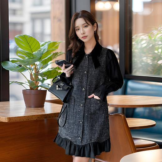 9/4奢姿2024年秋冬新款大码女装小香风翻领裙子胖妹妹法式拼接连衣裙9943855303 商品图0