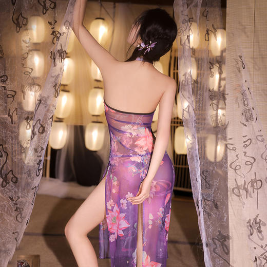 霏慕 忆江南繁莲紫襟透身旗袍6461 成人女士情趣内衣汉服性感衣服房事cos情趣紧身免脱性感睡衣女床上诱惑古风情趣内衣女级污度诱惑 商品图9