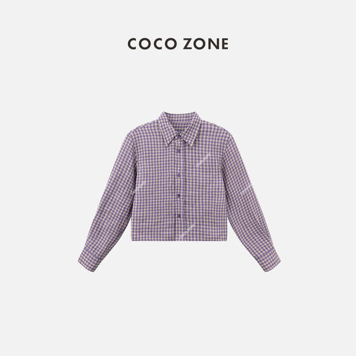COCO ZONE"薰衣草"100亚麻时尚POLO领格子衬衫女复古上衣 CC1A0623 商品图2