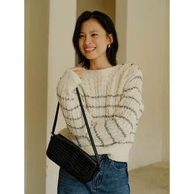 Heydress金属扣条纹针织衫女秋季一字领肌理感复古慵懒宽松上衣