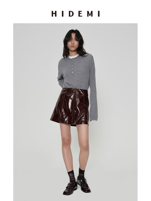 HIDEMI 进口激光涂层裂纹感羊皮极简显瘦a字短裙半裙皮裙 商品图3