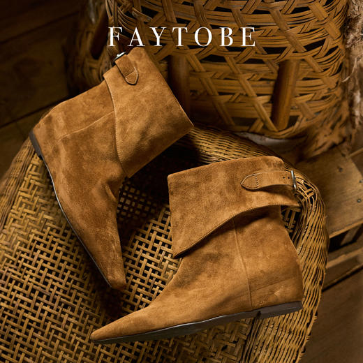 FAYTOBE 麂皮裤管短靴24年秋尖头复古美拉德羊反绒坡跟短筒及踝靴 商品图5