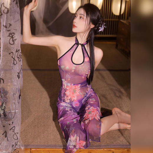 霏慕 忆江南繁莲紫襟透身旗袍6461 成人女士情趣内衣汉服性感衣服房事cos情趣紧身免脱性感睡衣女床上诱惑古风情趣内衣女级污度诱惑 商品图6