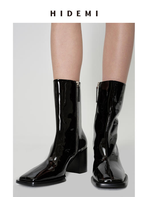 HIDEMI 超显瘦进口牛皮哑光亮皮方头粗跟方跟踝靴短靴 黑色/暗深酒红 商品图6