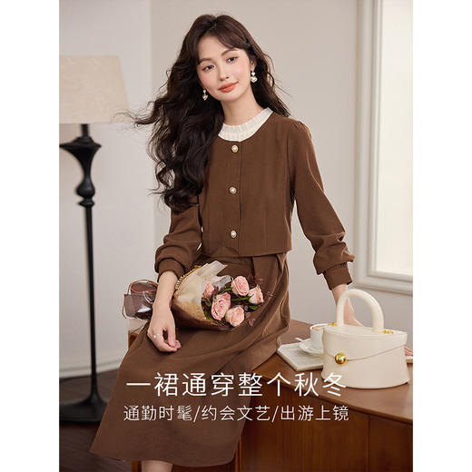 【1件76折】熙世界美拉德棕色假两件连衣裙女设计感秋冬加厚磨毛复古收腰裙子 商品图0