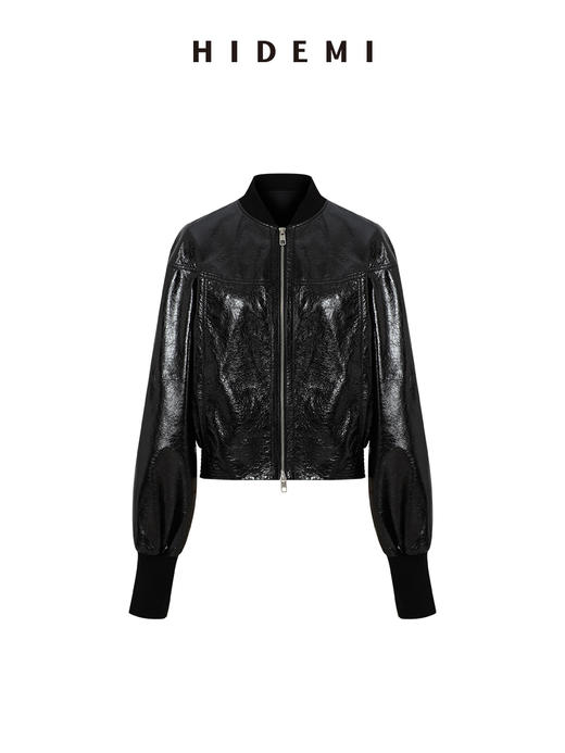 HIDEMI 进口激光涂层裂纹感羊皮极简棒球领拼接拉链短款外套皮衣大衣套装 外套/半裙 商品图7