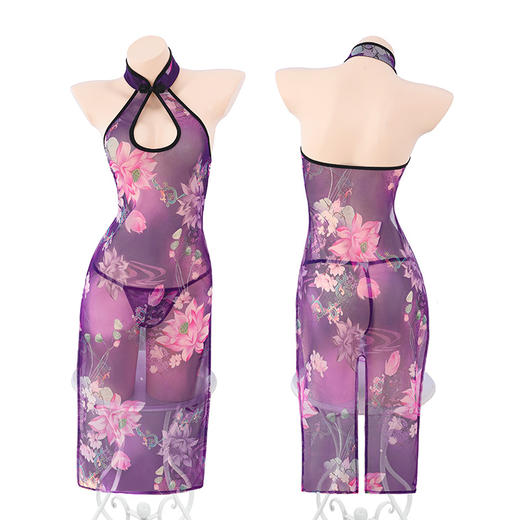 霏慕 忆江南繁莲紫襟透身旗袍6461 成人女士情趣内衣汉服性感衣服房事cos情趣紧身免脱性感睡衣女床上诱惑古风情趣内衣女级污度诱惑 商品图12