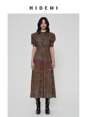 HIDEMI 我们做印花系列手绘地图艺术感油画印花垫肩加宽肩收腰立裁连衣裙