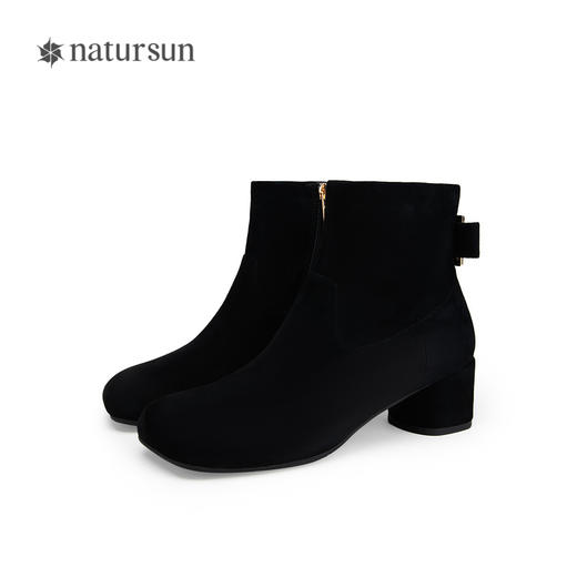 natursun方头时装靴秋冬季羊皮粗跟不累脚绒面瘦瘦靴百搭靴子N24530310 商品图4
