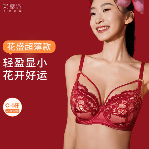 奶糖派大胸显小文胸花盛系列超薄单层蕾丝性感显瘦防凸点红品内衣 商品图0