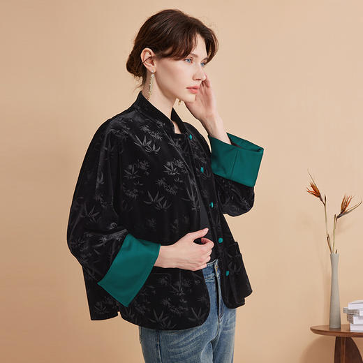 EITIE爱特爱秋季新款时尚复古新中式暗纹撞色拼接外套C2403410 商品图5