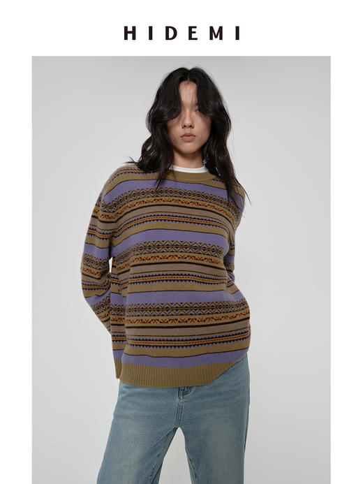 HIDEMI 【赵丽颖同款】进口澳洲美利奴羊毛手绘花型设计感极简圆领廓形落肩款长袖针织毛织毛衣 卡其色/蓝灰色/灰紫色 商品图8