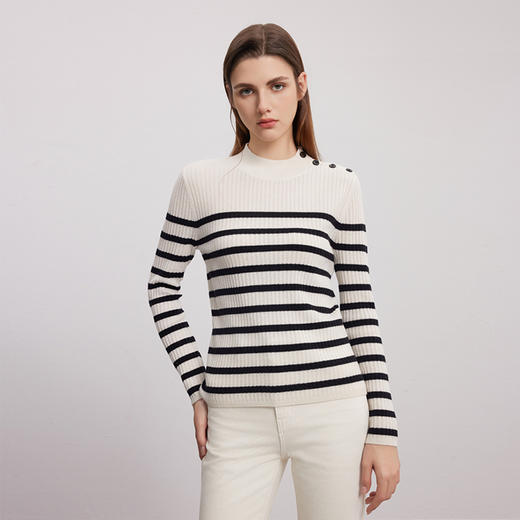 【半高领坑条纹羊绒衫】羊绒世家秋冬新品女士100%山羊绒条纹撞色修身显瘦毛衣 商品图1